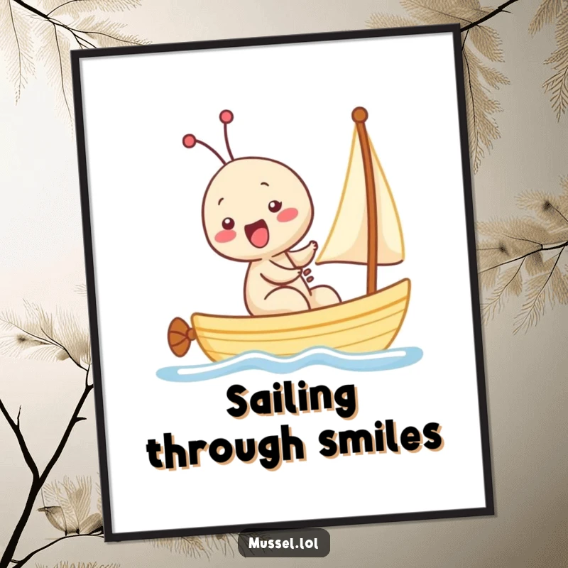 Funny Kawaii Mussel Poster: A whimsical artwork of a mussel character giggling while sailing a minuscule boat, bringing oceanic humor.