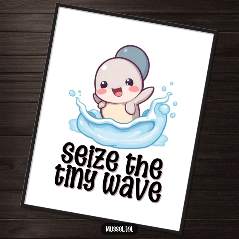 Funny Mussel Wave Splash Poster: A vibrant print of a mussel character joyfully splashing in a small ocean wave, evoking feelings of fun.