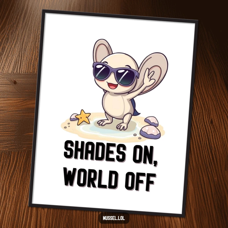 Funny poster of a mussel with sunglasses, striking a cool pose by a tiny beach, perfect for summer decor, a funny gift.