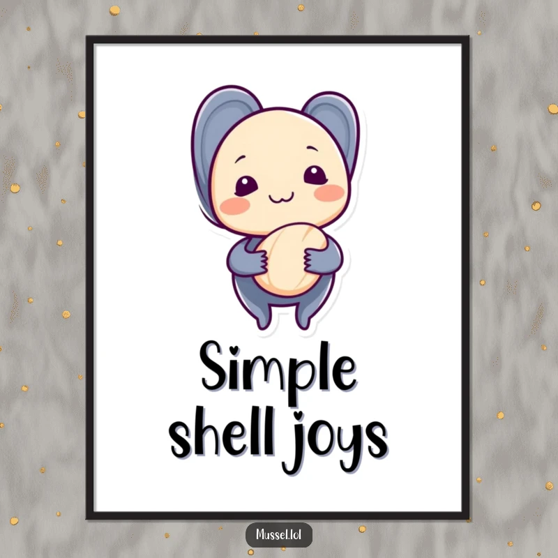 Funny mussel with a shy grin, holding a single seashell, printed as humorous wall art, radiating quiet charm.