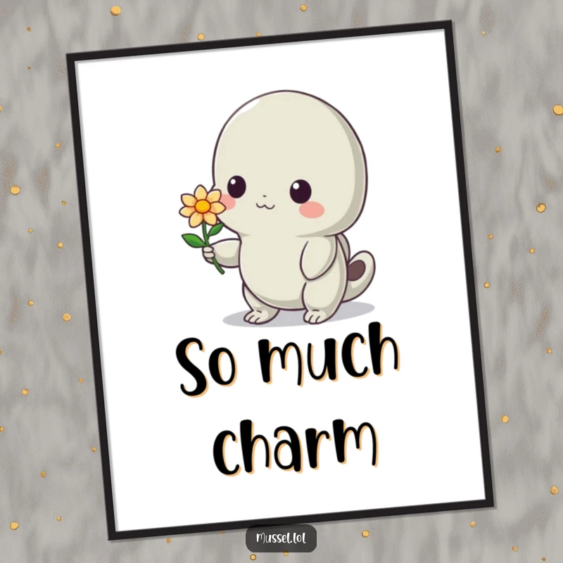 Funny Mussel Poster: A shy mussel presenting a small flower with a bashful smile, creating a heartwarming and funny piece of wall art.