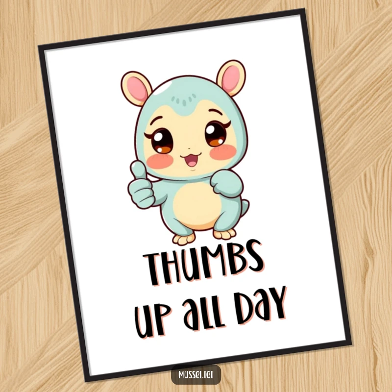 Funny Mussel Poster showing a rosy-cheeked mussel character with wide eyes giving a thumbs up, radiating pure positivity, a wonderful funny gift.