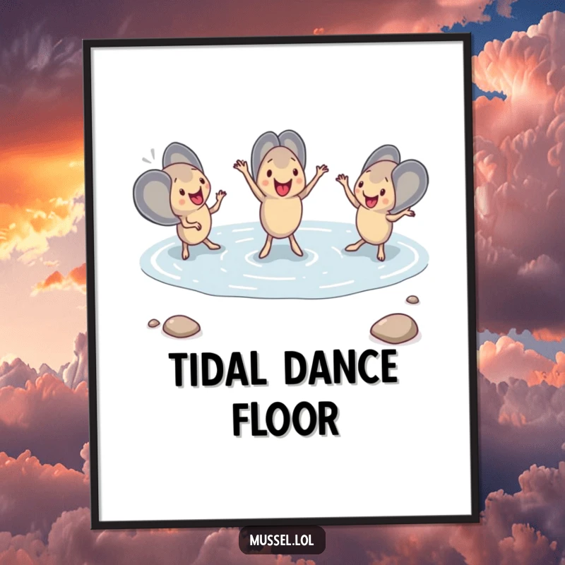 Funny Mussel Dance Poster depicting a synchronized ballet of mussels in a shallow tide pool, adding a touch of aquatic humor to any decor.