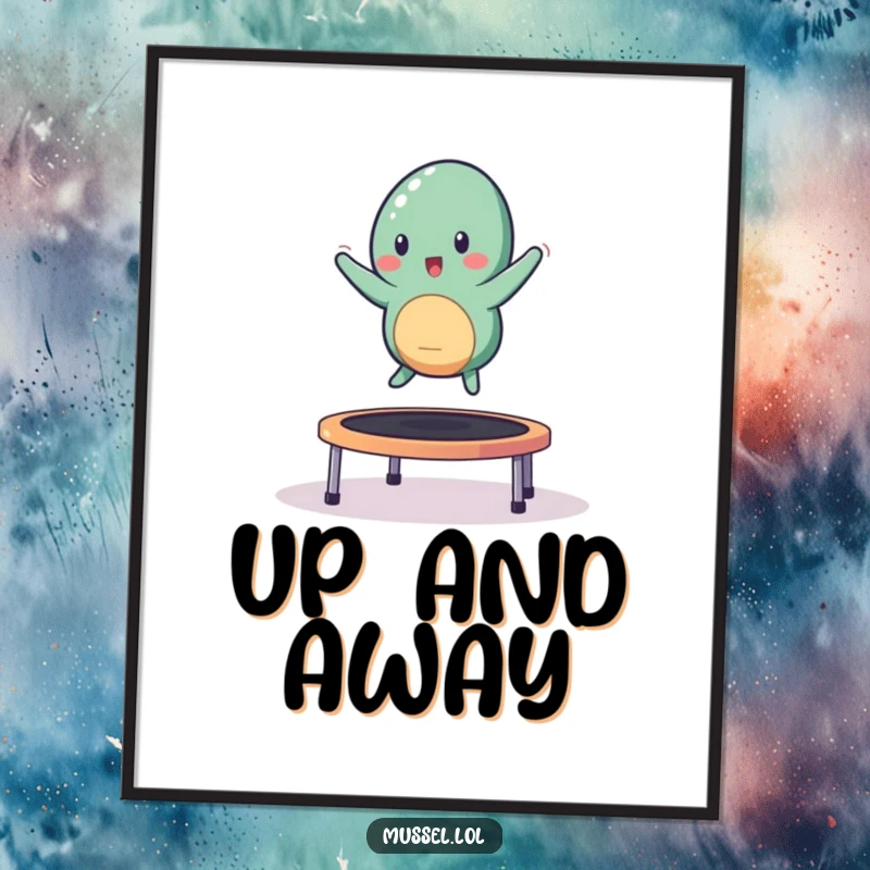 Funny mussel character happily bouncing on a small trampoline, as humorous wall art.