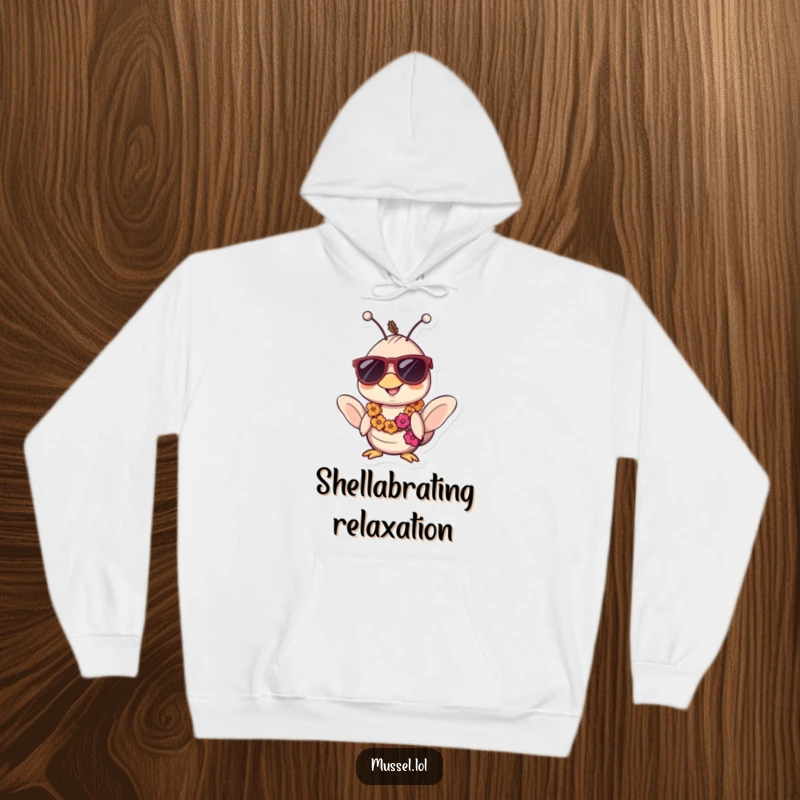 Funny Kawaii Mussel Hoodie: Cozy apparel with a mussel wearing sunglasses and a lei, exuding a hilariously relaxed tropical vibe.