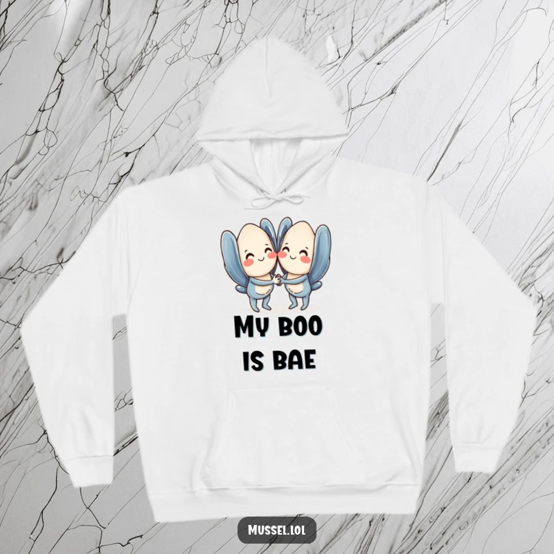 Funny mussel hoodie depicting a loving pair of mussels holding hands, smiling sweetly, ideal for cold days.