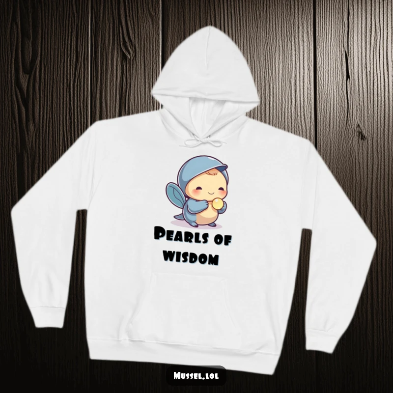 Funny hoodie featuring a mussel character holding a small, shiny pearl, offering warmth and elegant, treasure-themed humor.