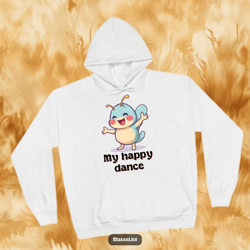 Funny hoodie featuring a cheerful mussel character doing a lively shimmy dance, offering warmth and energetic, happy vibes.
