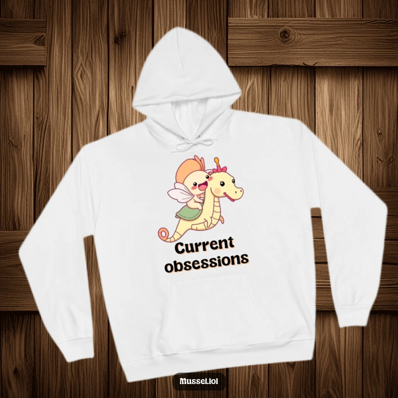 Funny mussel character riding a friendly seahorse, cozy hoodie, perfect for underwater adventures.
