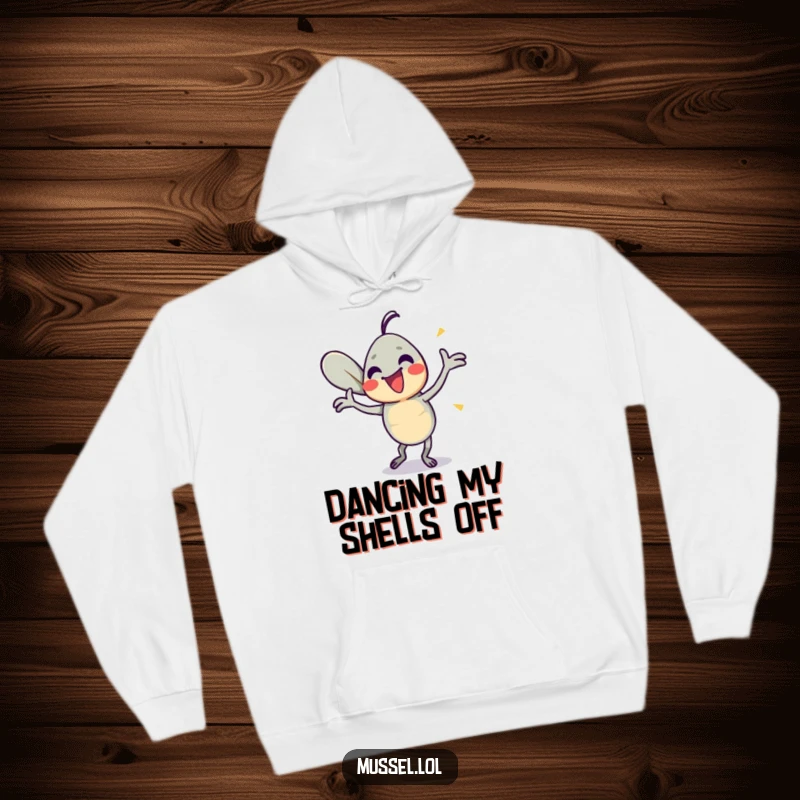 Funny Mussel Party Hoodie: A mussel character energetically dancing with its shells, showcasing vibrant and humorous style.