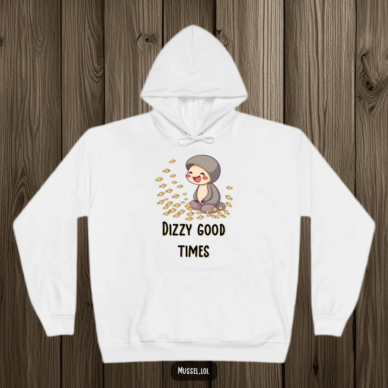 Funny hoodie featuring a mussel laughing while observing tiny fish swimming in a circle, perfect for snug and humorous moments.