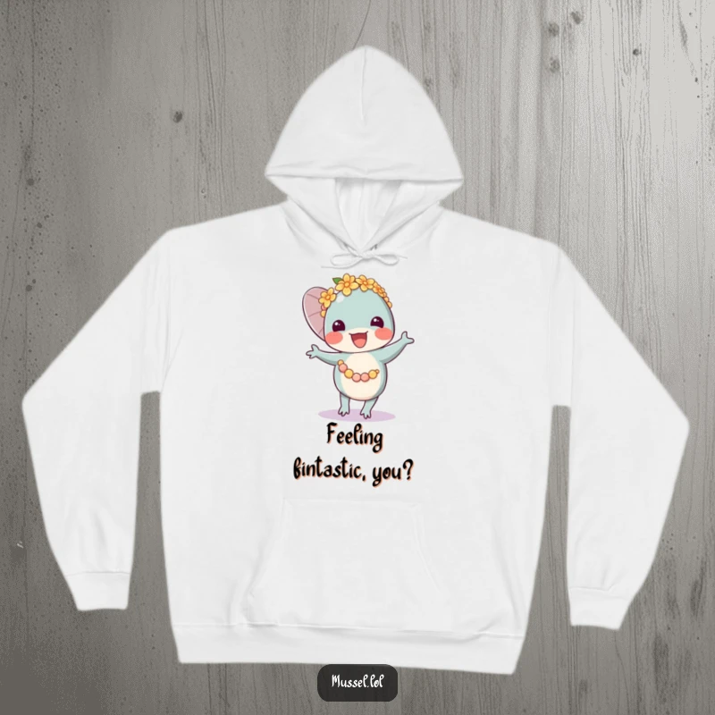 Funny Mussel Lei Dancer Hoodie depicting a happy dancing mussel character adorned with a vibrant flower lei, radiating pure bliss.