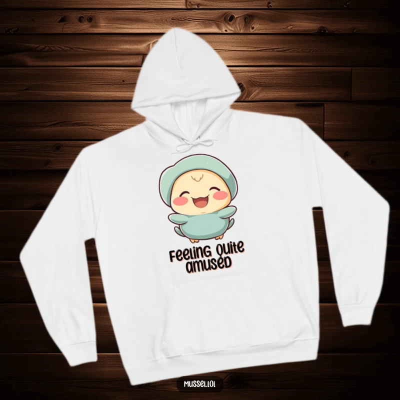 Funny mussel character with rosy cheeks laughing heartily, printed on a soft hoodie.