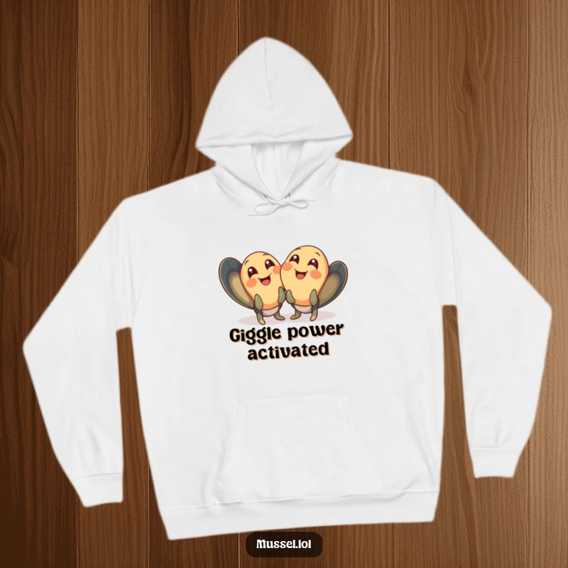 Funny mussel hoodie with two mussels giggling with wide, joyful eyes, designed for warmth and shared humor.