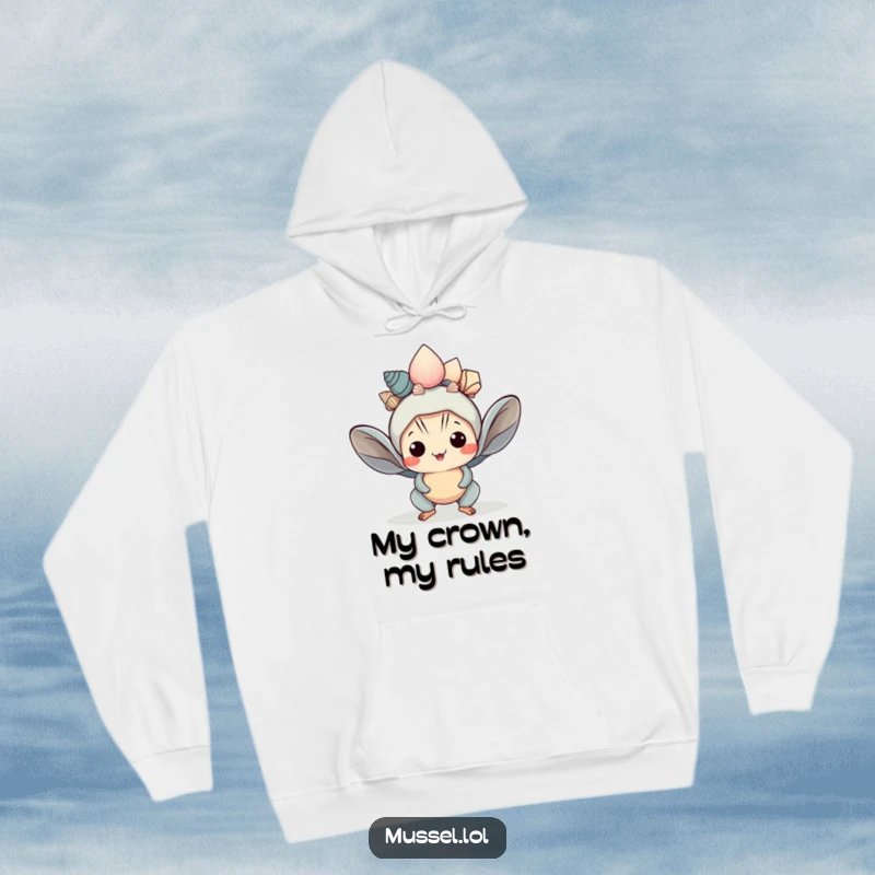 Funny Kawaii Mussel Hoodie: A cute mussel character balances seashells like a crown, offering a warm and humorous piece of apparel.