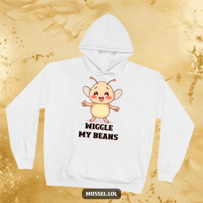 Funny Kawaii Mussel Hoodie: A cute mussel character performs a joyful wiggle dance, offering a warm and humorous piece of apparel.