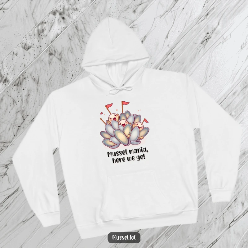 Funny Mussel Hoodie: A shy mussel character peeking out from behind a large rock, looking endearing and humorous.