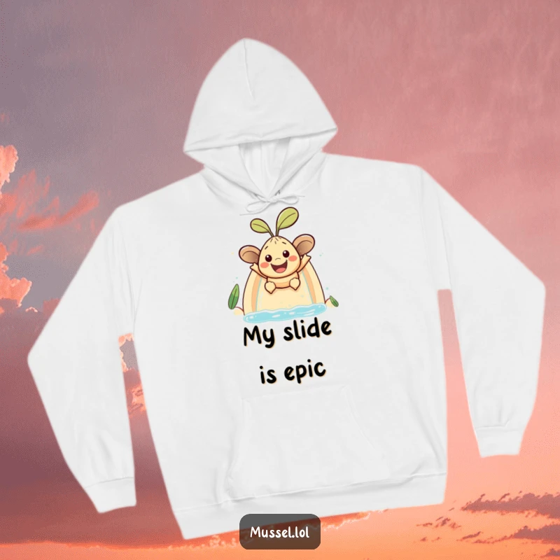 Funny mussel character with a large smile sliding down a water slide, a comfortable and humorous hoodie.
