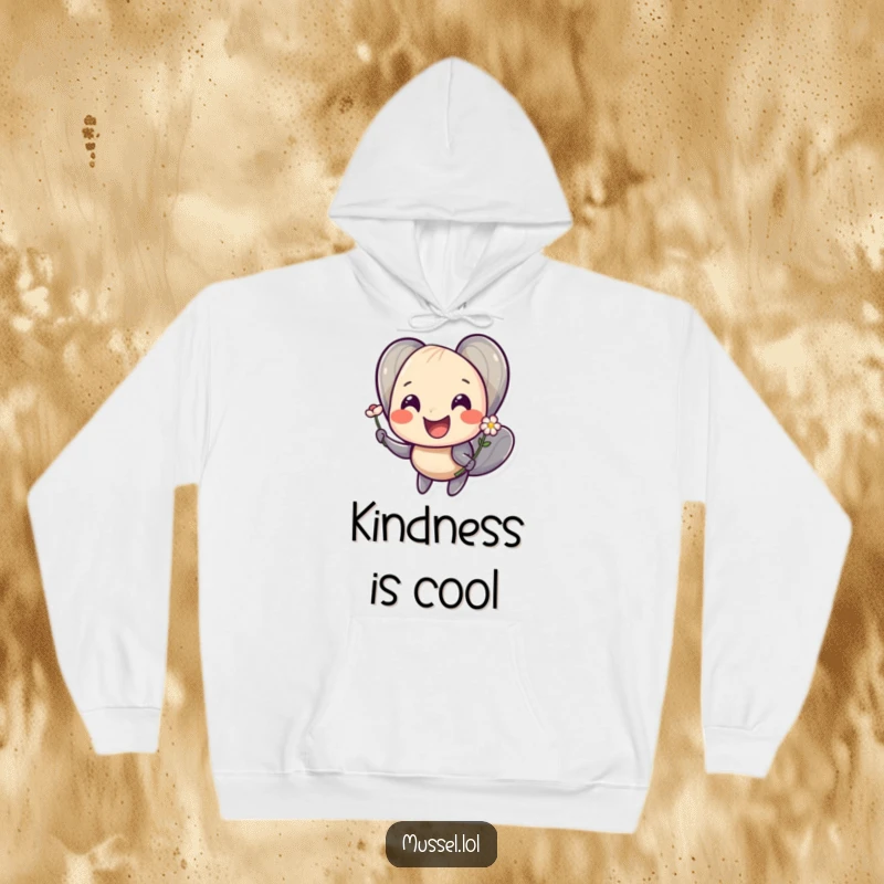 Funny hoodie with a smiling mussel character offering a tiny flower, designed for cozy kindness.