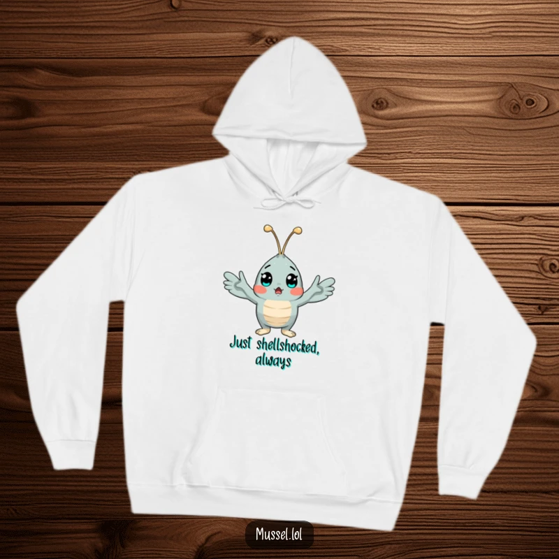 Funny hooded sweatshirt with a surprised mussel character, arms open wide in a comical expression of shock, great for cold weather.