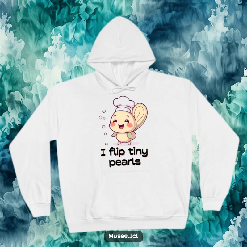 Funny chef mussel wearing a hat, juggling pearls, printed on a soft, warm hoodie, ideal for casual, humorous wear.