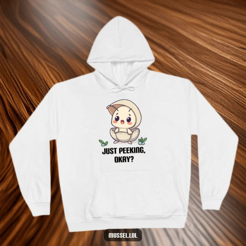 Funny hoodie featuring a mussel peeking from its shell with a surprised expression, offering warmth and a humorous, relatable reaction.