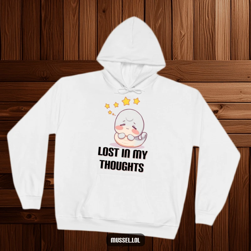 Funny mussel hoodie with a dreaming character surrounded by little stars, perfect for cozy nights.