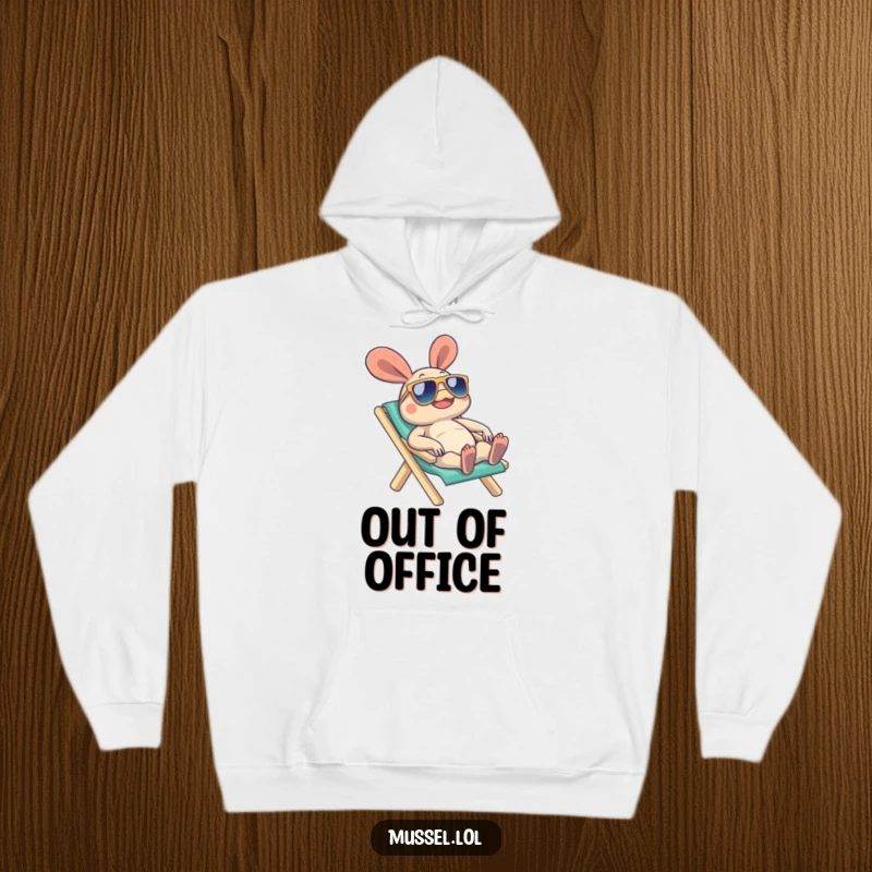 Funny Mussel Hoodie with a mussel character wearing sunglasses and relaxing on a beach chair, embodying ultimate cool and comfort, an ideal funny gift.