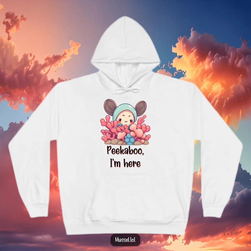 Funny Mussel Hoodie: A charming mussel character curiously peeking from behind bright coral, perfect for adding a dash of playful mystery.