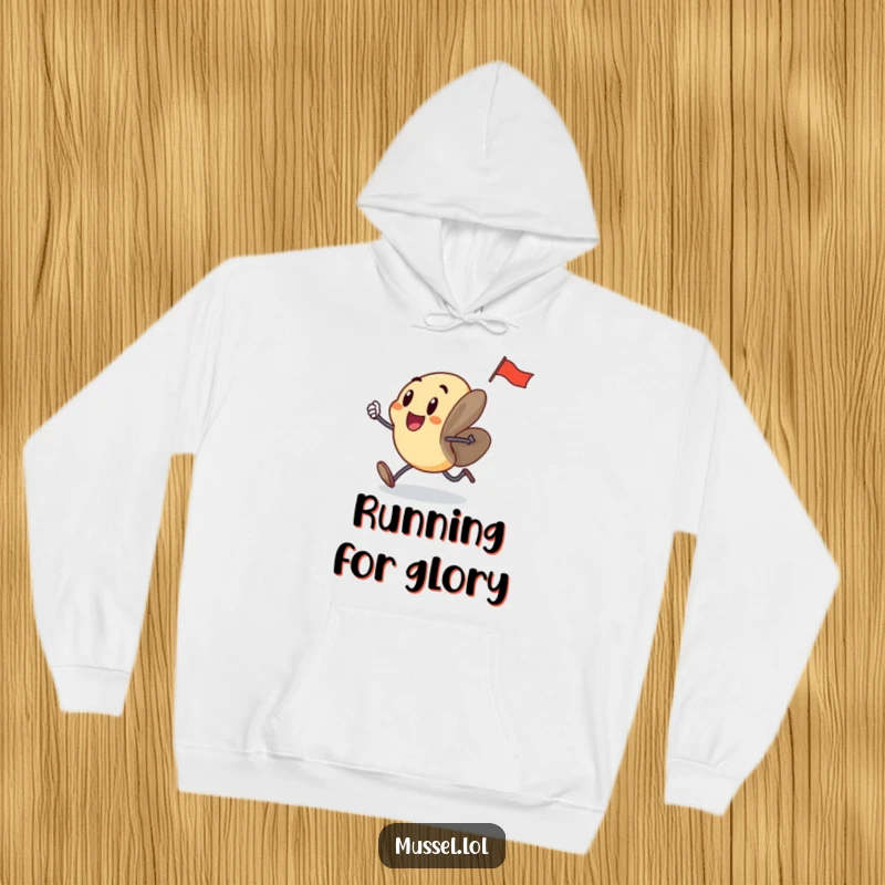 Funny mussel with legs running enthusiastically, carrying a small flag, on a soft hoodie, perfect for active, humorous individuals.