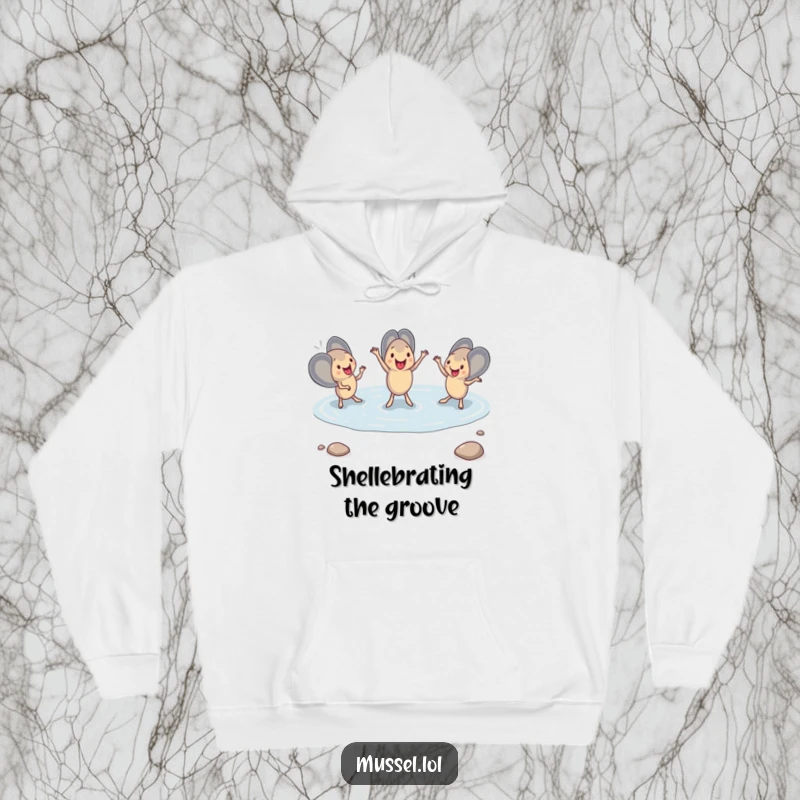 Funny Mussel Dance Hoodie showing mussels perfectly synchronized in a tide pool dance, offering warmth and aquatic amusement for the wearer.