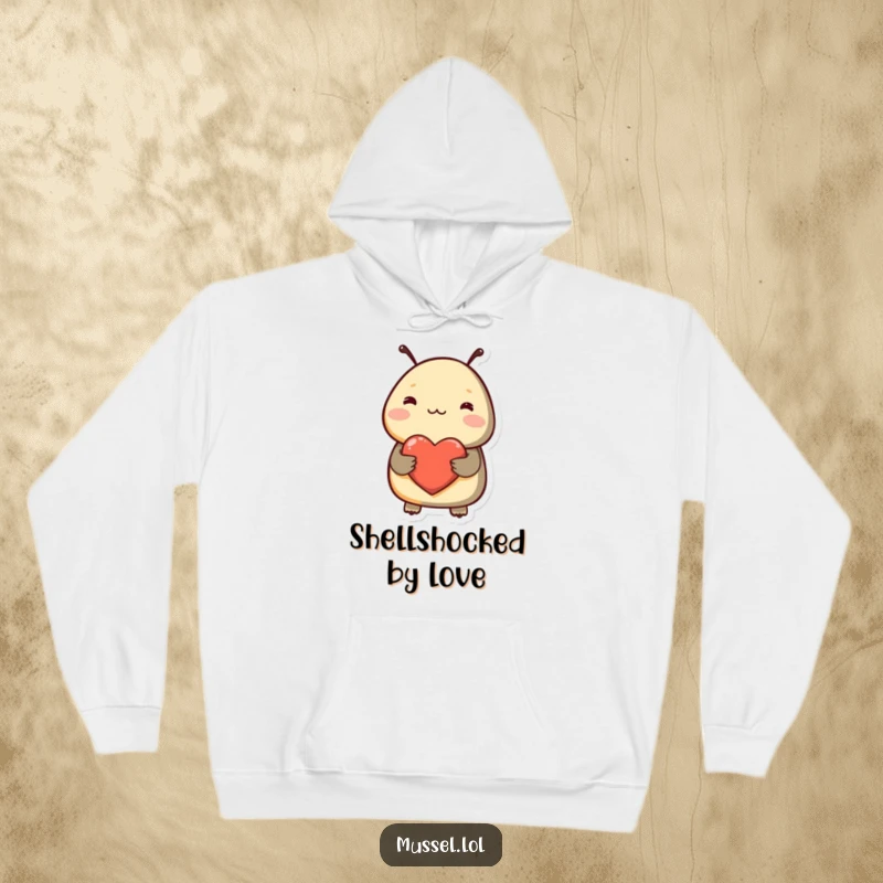 Funny hoodie featuring a shy mussel blushing and holding a heart, offering warmth and a sweet, humorous expression of affection.