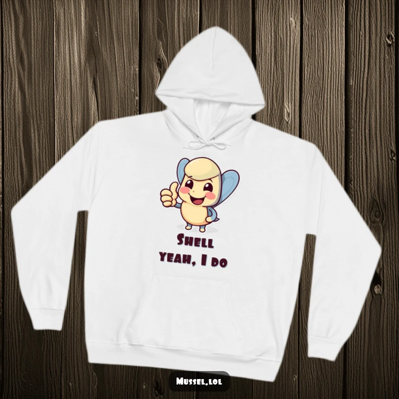 Funny mussel hoodie with a smiling character giving a cheerful thumbs up, designed for warmth and humor.