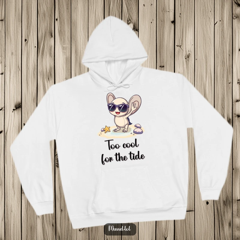 Funny hoodie with a mussel wearing sunglasses, posing coolly by a tiny beach, offering warmth and beachy humor, a funny gift.