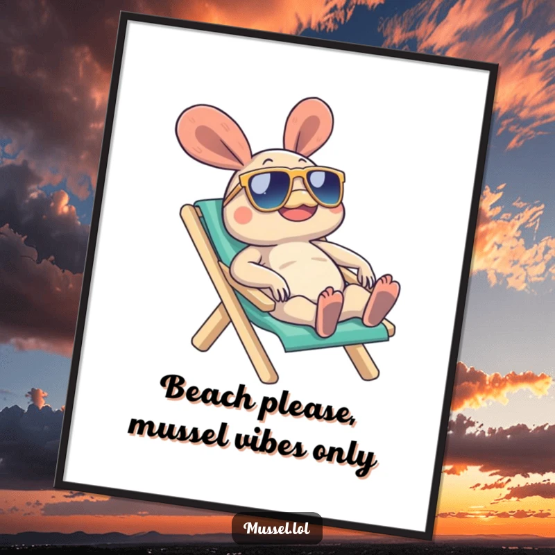 Funny Free Printable Wall Art depicting a cool mussel character in sunglasses, blissfully relaxing on a beach chair.