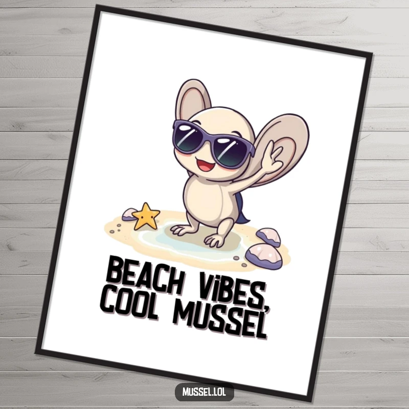 Funny Free Printable wall art of a mussel wearing sunglasses, striking a cool pose by a tiny beach, a fun and laid-back decor piece.