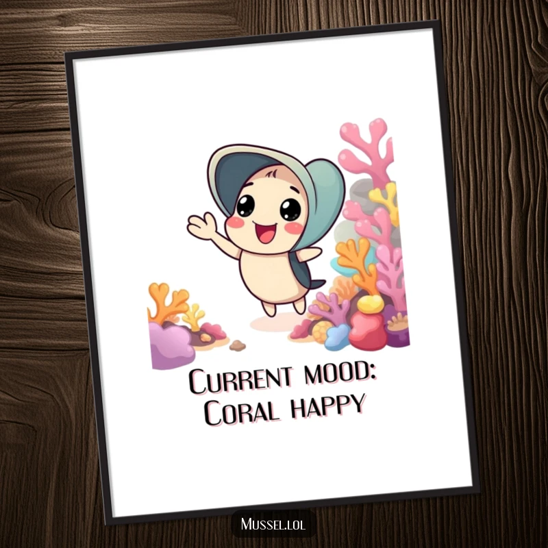Funny Free Printable Wall Art: A mussel character waves hello cheerfully from its home amidst a stunning, colorful coral reef.