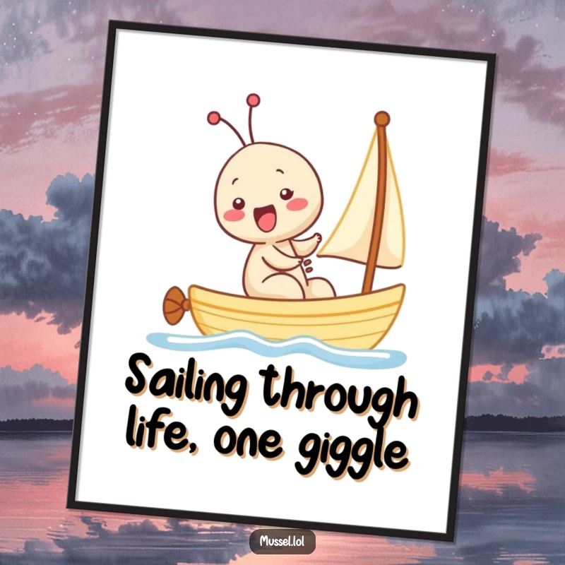 Funny Free Printable Wall Art: A kawaii mussel joyfully giggling while steering a tiny sailboat across the sea, perfect decor.