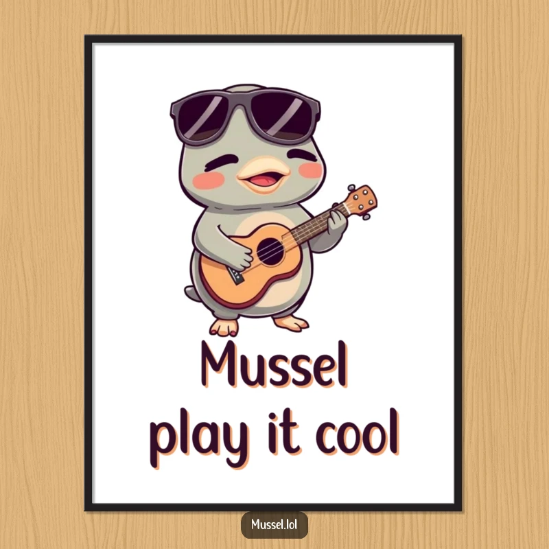 Funny Free Printable Wall Art: A mussel with sunglasses plays a ukulele, adding a cool, musical vibe to any room.