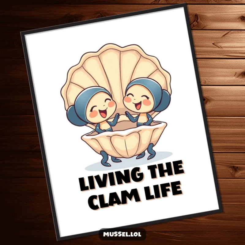 Funny Free Printable Wall Art depicting two happy mussel characters giggling and sharing a giant clam shell, a scene of pure joy.