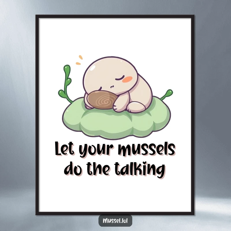 Funny Free Printable Wall Art: A calm mussel character peacefully sleeping on a bed of soft seaweed, bringing tranquility and charm.