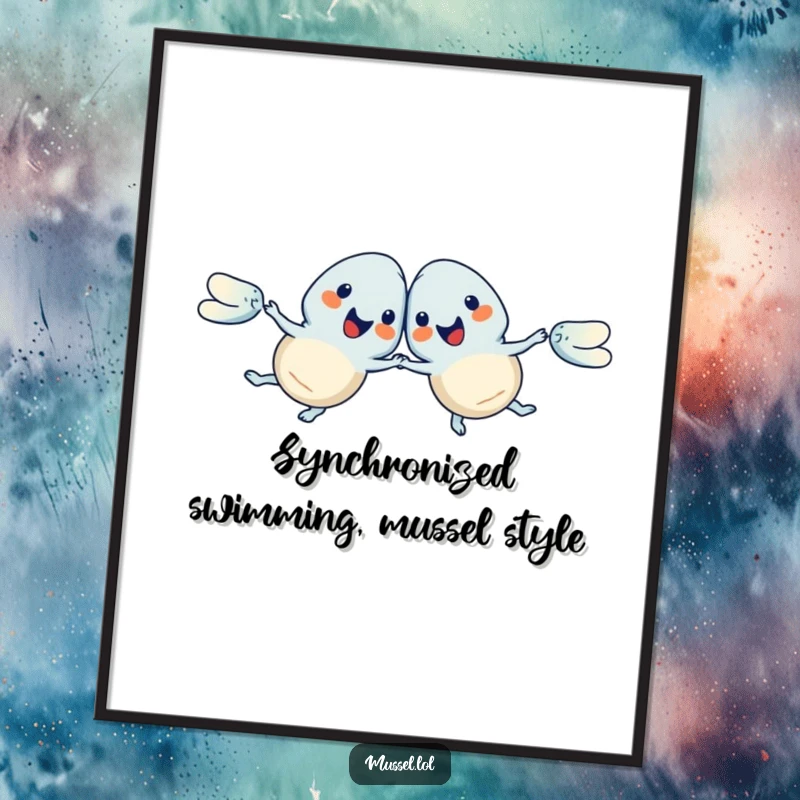 Funny Free Printable Wall Art depicting two mussels performing a perfect synchronized swim, creating a dynamic and humorous aquatic scene.