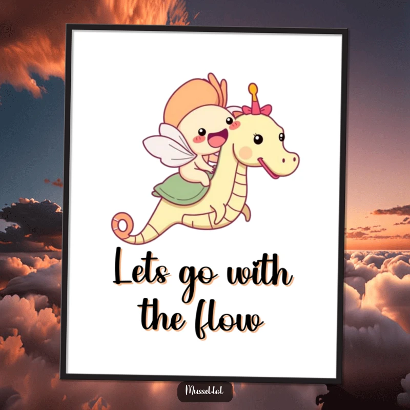 Funny Free Printable Mussel Wall Art: A joyful mussel happily rides a magnificent seahorse through underwater currents.