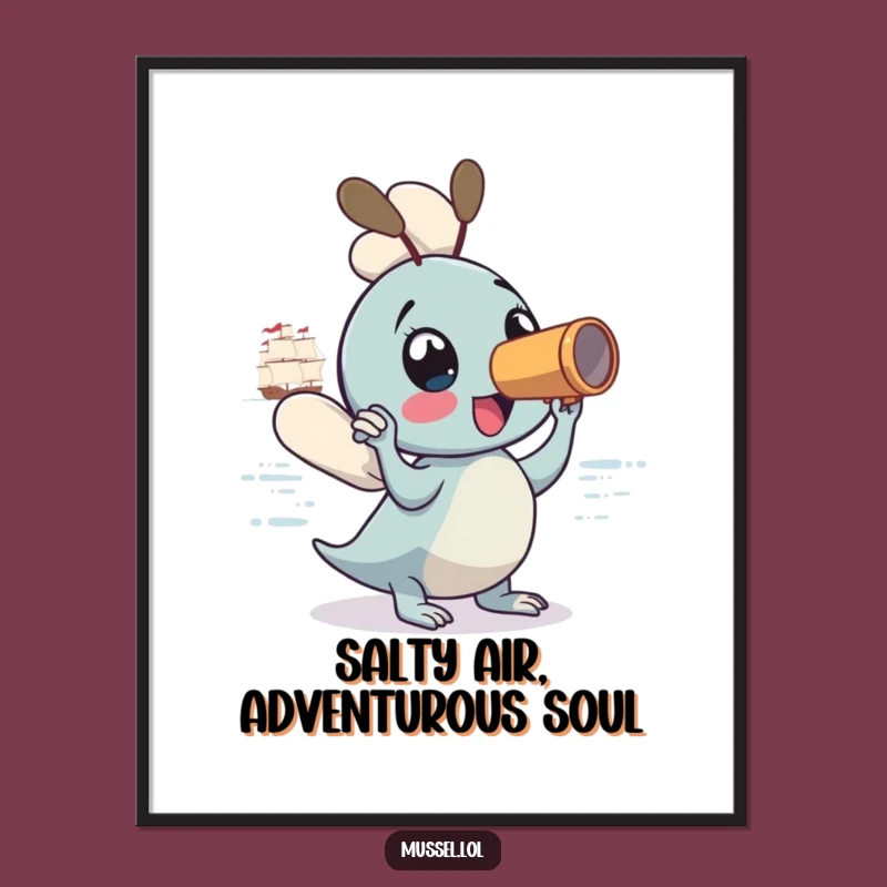 Funny Free Printable Wall Art: Excited Mussel Spyglass, Nautical Humor Downloadable Decor