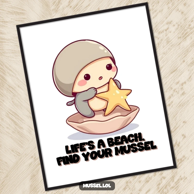 Funny free printable wall art: A cute mussel character comically balances a small starfish on its shell, ready to hang.