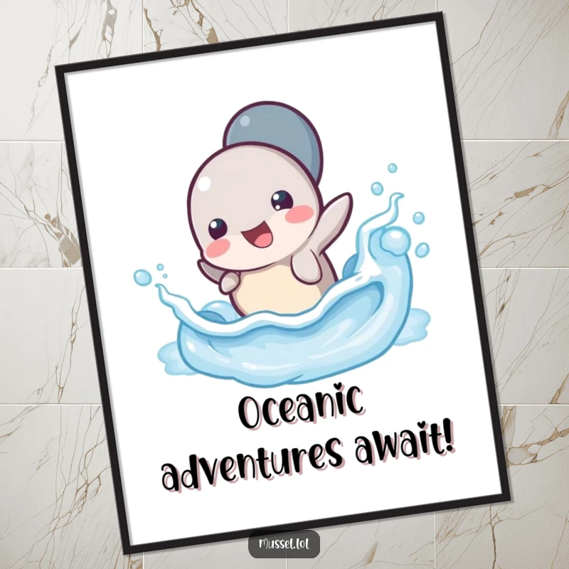 Funny Free Printable Wall Art depicting a happy mussel character splashing energetically in a small ocean wave, bringing seaside fun to any room.