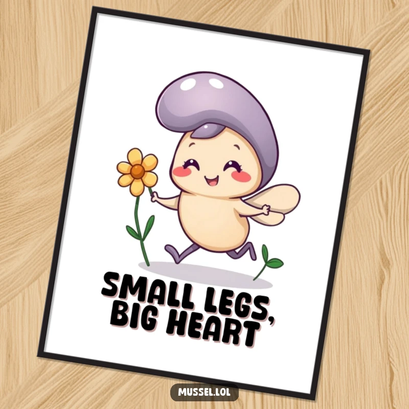 Funny Free Printable Wall Art: Mussel character with tiny legs running happily with a flower, energetic cartoon.