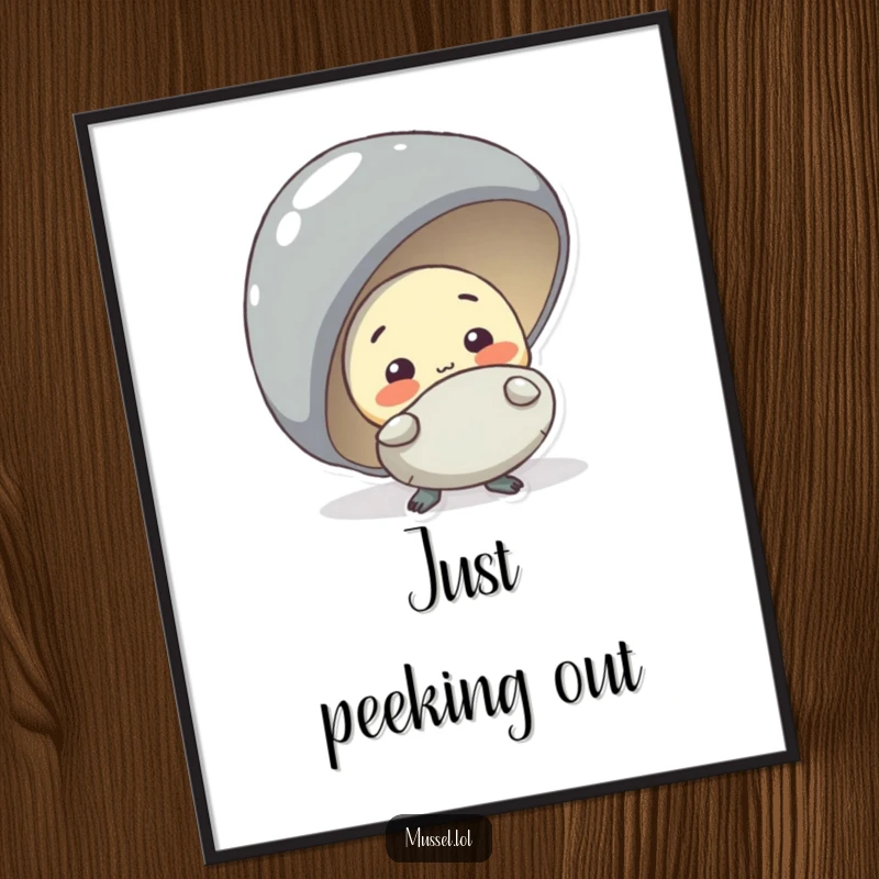 Funny Free Printable Wall Art: A shy mussel character peeking from behind a larger mussel, creating a sweet, humorous scene.