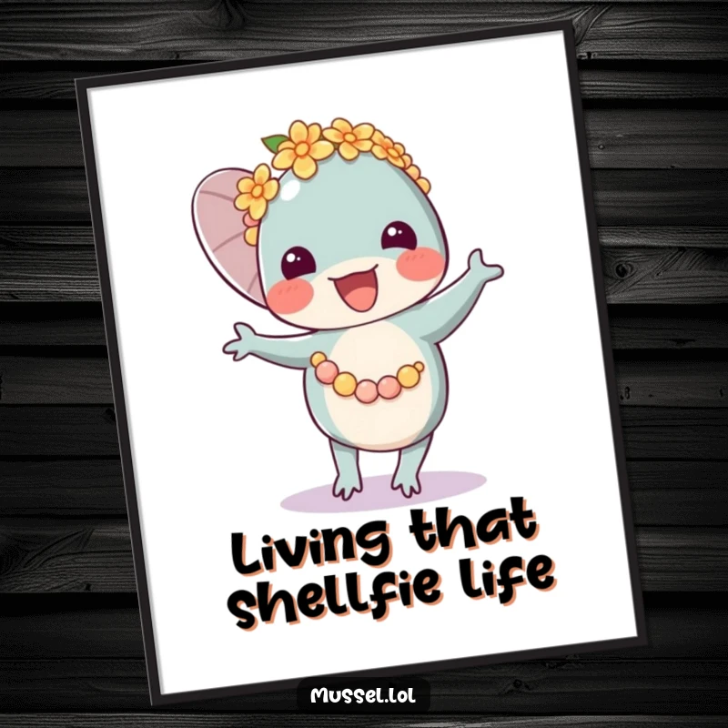Funny Free Printable Wall Art: A joyous mussel wearing a flower lei, captured mid-dance with pure, unadulterated happiness.