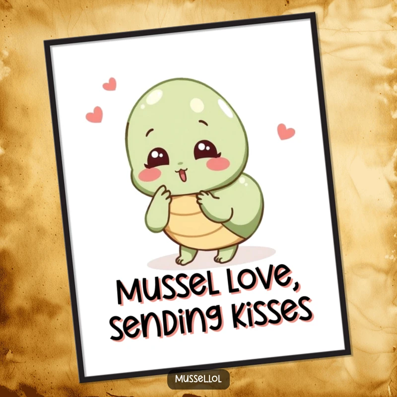 Funny Free Printable Wall Art: A mussel character blowing a kiss with a delighted expression, sending love to an imaginary audience.